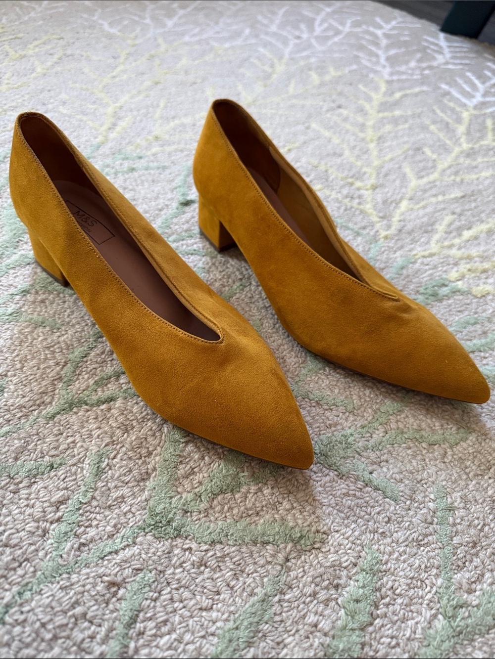 M&S Mustard Faux Suede Block Heels – Insolia Pointed Toe – UK Size 6.5 US 8.5